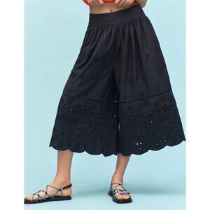 Maeve Embroidered Super Wide Leg Cropped Culottes Pants Black M